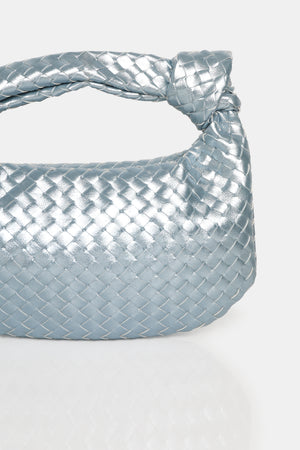 The Blame Metallic Silver Iridescent Woven PU Knot Detail Mini Grab Bag