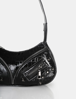 The Candice Zip Detailed Black Croc Shoulder Bag