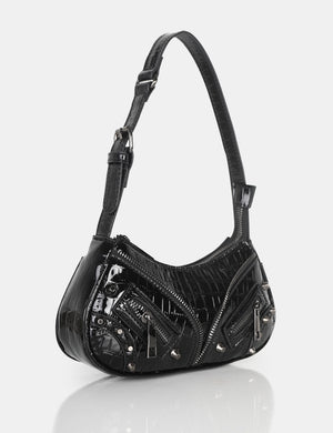 The Candice Zip Detailed Black Croc Shoulder Bag