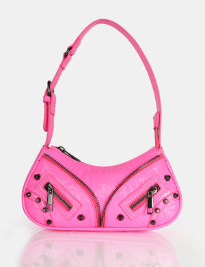 The Candice Zip Detailed Pink Croc Shoulder Bag