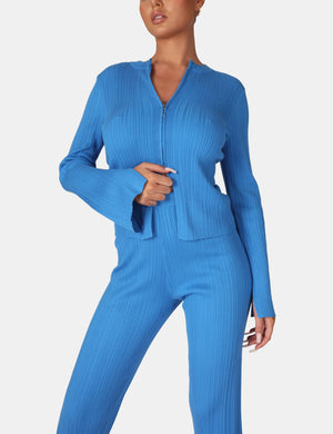 Knitted Zip Front Top Blue