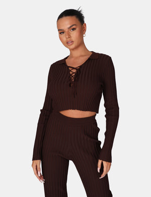 Lace Up Ribbed Crop Top Chocolate