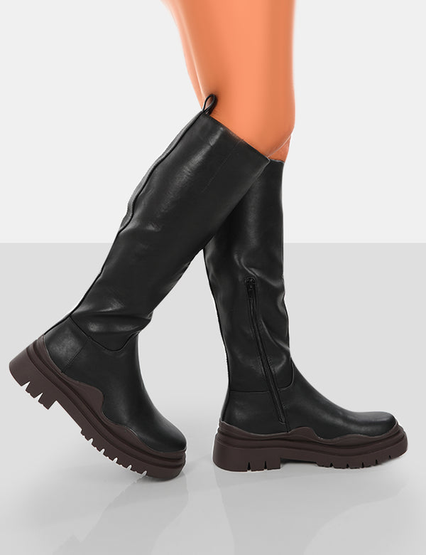 On Point Chocolate Black PU Chunky Sole Knee High Boots