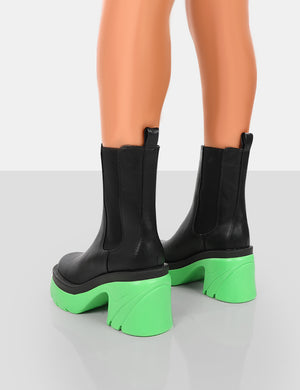 Step Up Black Green PU Platform Chunky Sole Heeled Ankle Boots