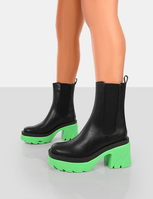 Step Up Black Green PU Platform Chunky Sole Heeled Ankle Boots