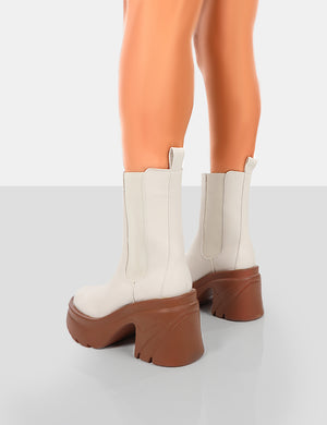 Step Up Ecru Brown PU Platform Chunky Sole Heeled Ankle Boots
