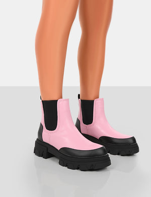 By Midnight Pink Pu Platform Chunky Sole Chelsea Boots