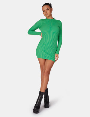 Knitted High Neck Long Sleeve Contrast Stitch Mini Dress Green