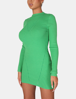 Knitted High Neck Long Sleeve Contrast Stitch Mini Dress Green