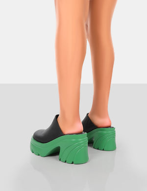 Sandi Green PU Chunky Sole Block Heeled Mules