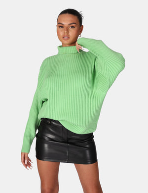 High Neck Constrast Stitch Ribbed Knitted Oversized Jumper Green