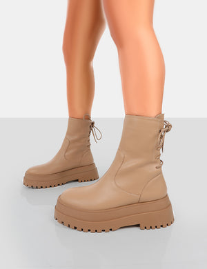 Noelle Camel Platform Chunky Sole Lace Up Detail Ankle Boots