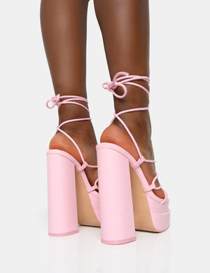 Glow Girl Wide Fit Baby Pink Pu Lace Up Platform High Heels