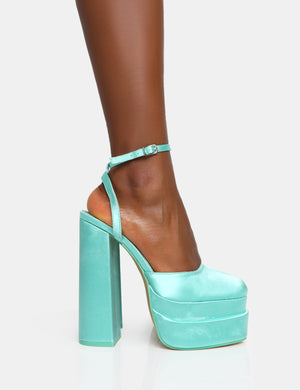 Moonchild Turquoise Satin Closed Toe Statement Platform Block Heels