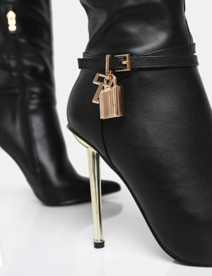 Jayden Black Pu Padlock Detail Pointed Toe Gold Stiletto Heel Knee High Boots