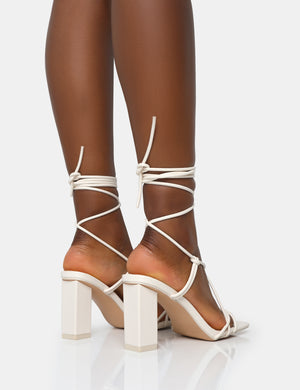 Noor Wide Fit Ecru Pu Lace Up Square Toe Mid Block Heels
