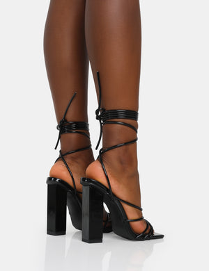 Nyla Black Patent Strappy Lace Up Square Toe Block Heels