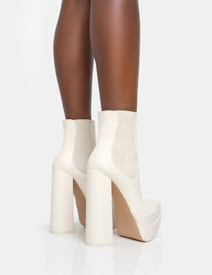Cady Ecru Pu Platform Pointed Toe Block Heel Ankle Boots