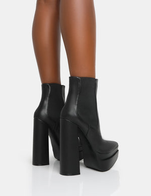 Cady Black Pu Platform Pointed Toe Block Heel Ankle Boots