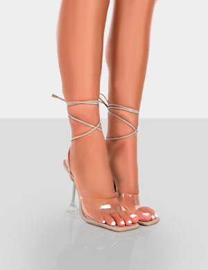 Bly Nude Patent Clear Perspex Cake Stand Lace Up Square Toe Heels