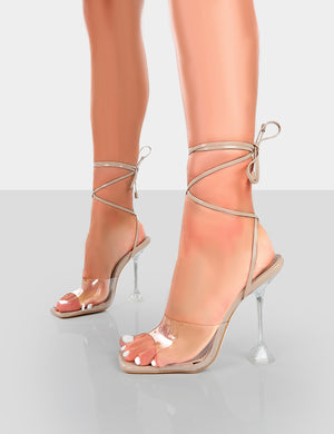 Bly Nude Patent Clear Perspex Cake Stand Lace Up Square Toe Heels