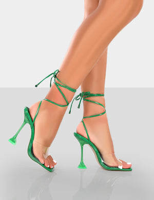 Bly Green Patent Clear Perspex Cake Stand Lace Up Square Toe Heels
