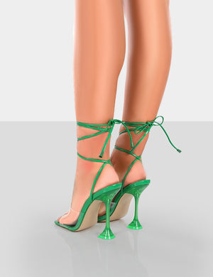 Bly Green Patent Clear Perspex Cake Stand Lace Up Square Toe Heels