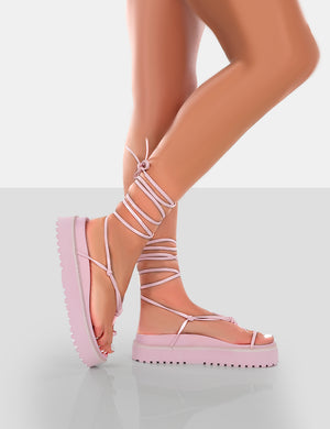 Bebe Pink PU Chunky Flatform Lace up Sandals