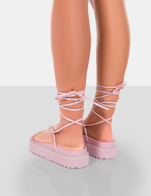 Bebe Pink PU Chunky Flatform Lace up Sandals
