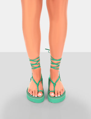 Bebe Green PU Chunky Flatform Lace Up Sandals