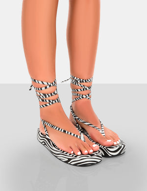 Beach Babe Zebra Lace Up Toe Thong Flatform Sandals