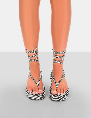 Beach Babe Zebra Lace Up Toe Thong Flatform Sandals