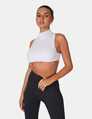 High Neck Racer Low Side Rib Crop Top Oatmeal Marl