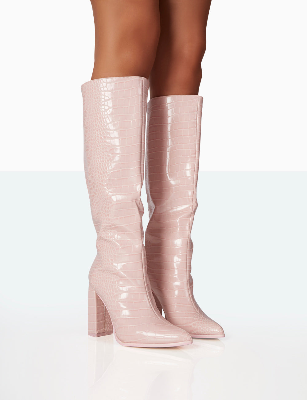 Posie Baby Pink Croc PU Pointed Toe Block Heel Knee High Boots