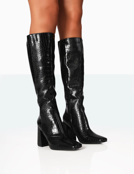 Apology Black Patent Croc Knee High Block Heel Boots Public Desire