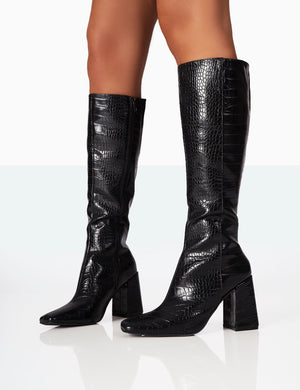 Apology Black Patent Croc Knee High Block Heel Boots