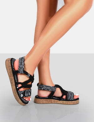 Miami Wide Fit Black Printed Rope Flatform Lace Up Sandals