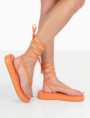 Beach Babe Orange Lace Up Toe Thong Flatform Sandals