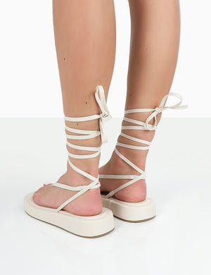 Beach Babe Ecru Lace Up Toe Thong Flatform Sandals