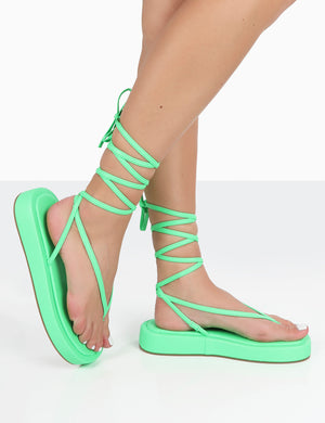 Beach Babe Green Lace Up Toe Thong Flatform Sandals