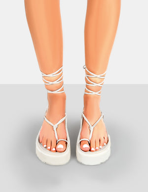 Bebe Ecru PU Chunky Flatform Lace Up Sandals