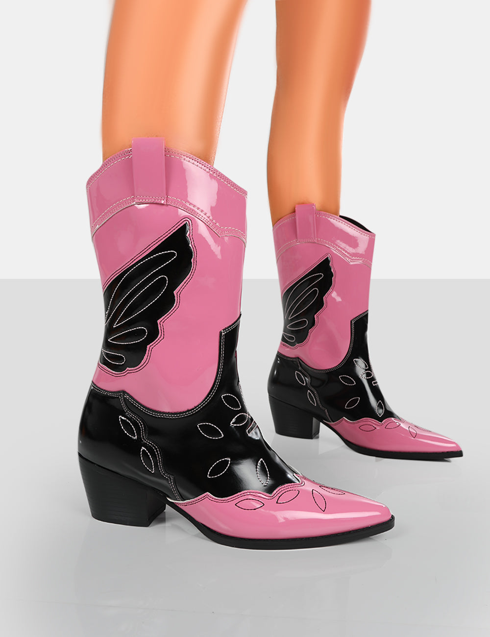 Howdy Pink Patent Pointed Toe Western Cowboy Ankle Boots| Public