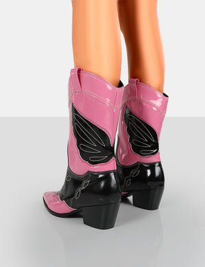 Howdy Pink Patent Pointed Toe Western Cowboy Block Ankle Boots