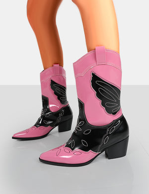 Howdy Pink Patent Pointed Toe Western Cowboy Block Ankle Boots