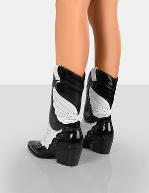 Howdy Black Patent Pointed Toe Western Cowboy Block Ankle Boots