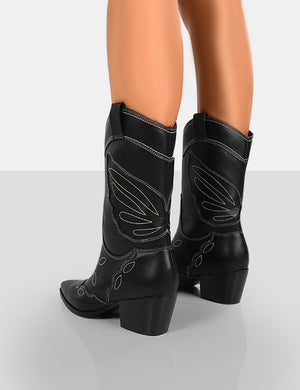 Howdy Black PU Pointed Toe Western Cowboy Block Ankle Boots