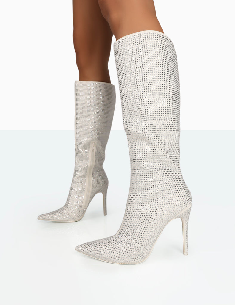 Lexi Silver Diamante Stiletto Knee High Boots | Public Desire