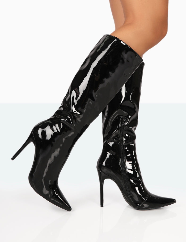 Horizon Black Patent Stiletto Knee High Boots | Public Desire