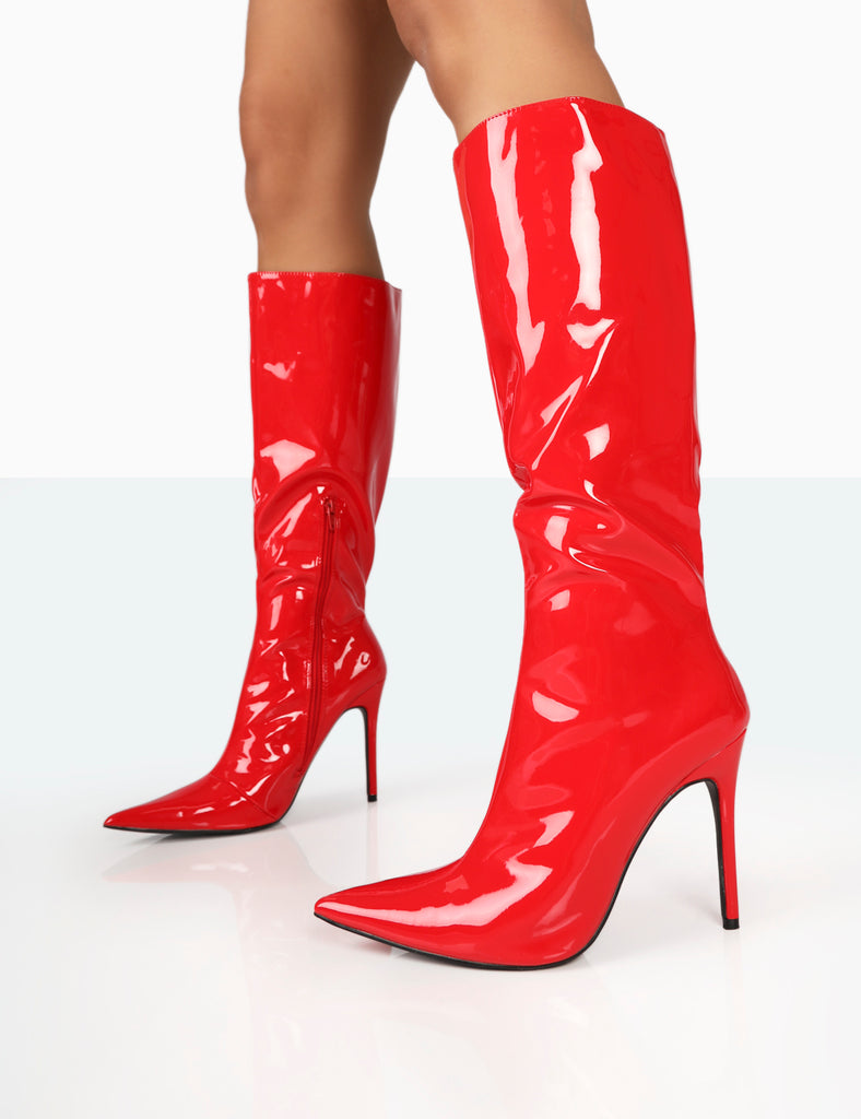 Horizon Red Patent Stiletto Knee High Boots | Public Desire