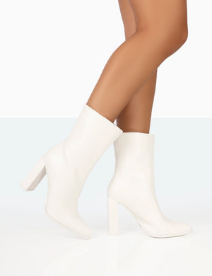 Bridget White PU Pointed Toe Block Heeled Ankle Boots